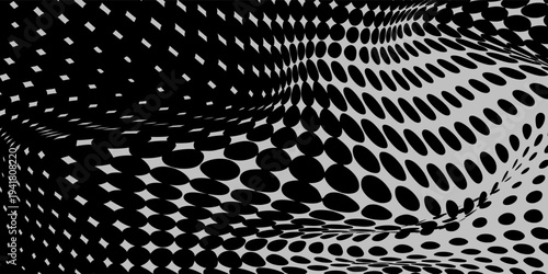 Black and white abstract halftone wave, stretched oval dots forming a warped grid surface