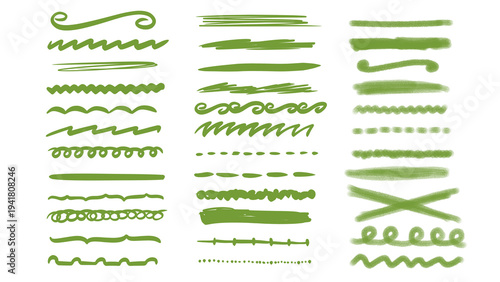 Green watercolor brush strokes, decorative lines, underlines and borders, design elements set on white background - Transparent PNG