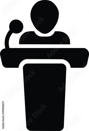 Speaker at podium icon representing public speech, conference presentation, leadership communication, political debate and seminar presentation concept vector illustration
