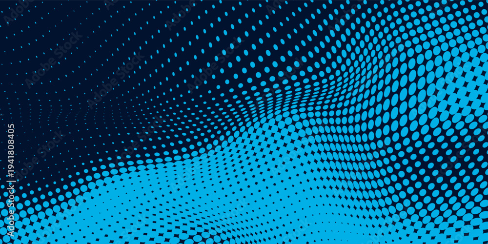 Fototapeta premium Abstract halftone wave pattern made of turquoise dots on a dark blue background, optical illusion effect