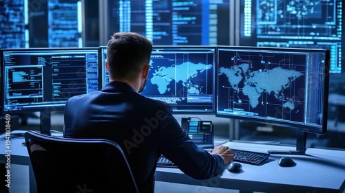 A man in a suit monitors data on multiple screens displaying code and world maps