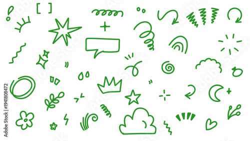 Green doodle design elements: collection of hand drawn icons, sketch symbols, arrows, shapes, and decorative illustrations, transparent vector.