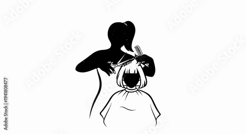 Silhouette of a person cutting another person's hair with scissors and comb