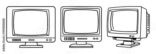 Computer monitor set with geometric vector icon with retro 1980s style and consistent stroke width featuring classic design, retro tech, icon with bold outlines and white background