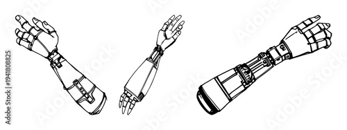 Sketchbook set with 3D-printed prosthetic arm illustration featuring loose ink strokes, medical innovation, technology with healthcare and design