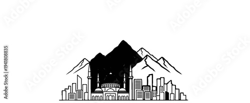 Silhouette of a city skyline blending into mountain peaks