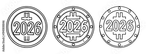 2026 token coin icon set with black outline flat design on white featuring digital token, cryptocurrency, finance with bold black outlines and flat vector