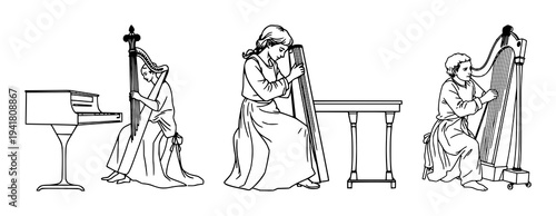 Harpsichord player set with a continuous line art design featuring a musician, instrument, Baroque period with music and art