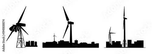 Vertical axis wind turbine set with a solid black silhouette featuring renewable energy, urban power generation, sustainable technology with modern design and geometric shape