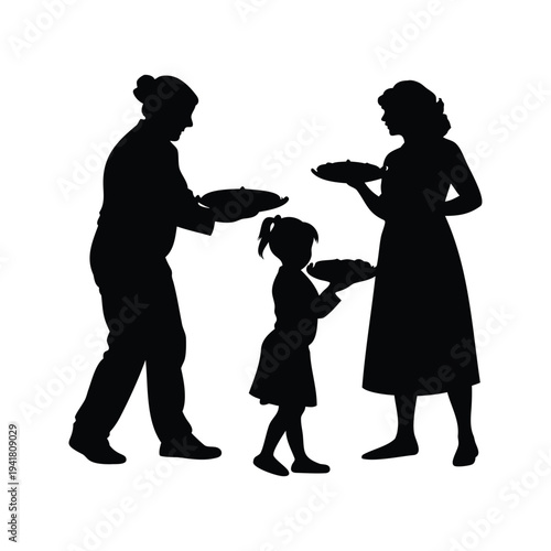 family baking pies silhouette vector illustration, Silhouette of family sharing food together in a heartwarming scene, vector illustration