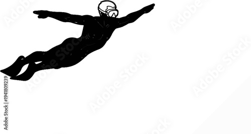 Silhouette of a person in a wetsuit and snorkel gear swimming