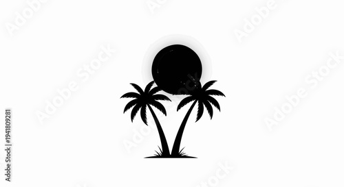 Silhouette of two palm trees with a sun behind them