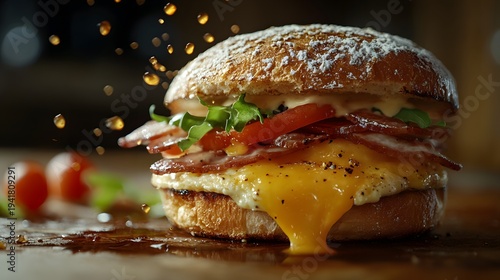 A close up of a breakfast sandwich being bitten into with melted cheese oozing out and bacon layers visible on a wooden surface with cherry tomatoes in the background.