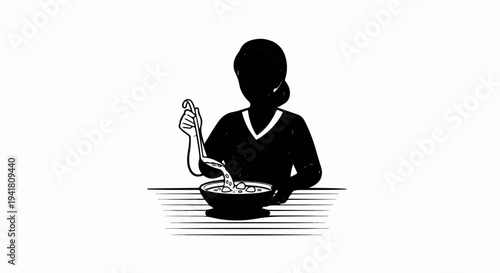 Silhouette of a person ladling soup from a bowl into itself