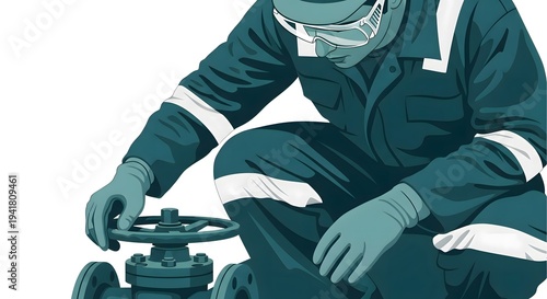 Industrial Worker in Protective Gear Inspecting a Valve.