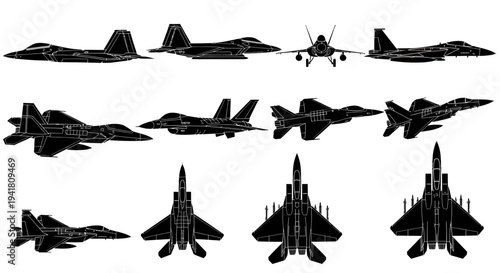 Tactical Military Fighter Jet Vector Silhouette Reference Set