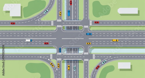 Aerial View of a Complex Highway Interchange with Traffic.