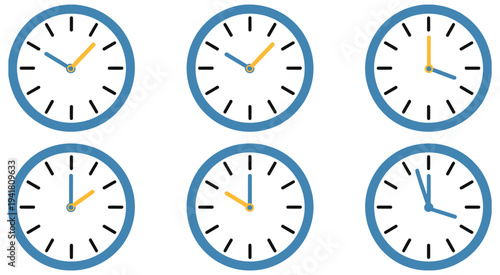Clock Time Illustration Set, professional vector pack featuring analog wall clocks displaying various hours, colorful educational illustrations perfect for children learning time, classroom materials,