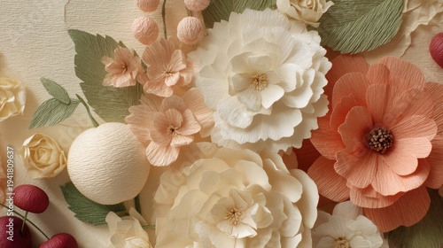 Beautiful Closeup of Elaborate Paper Flower Arrangement with Fruit Elements