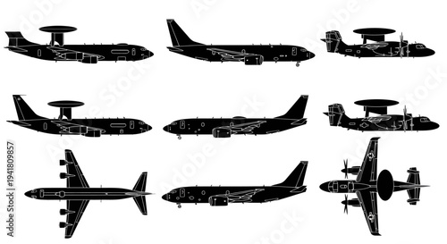 AWACS Radar Aircraft Multi-Angle Vector Silhouette Set 2026