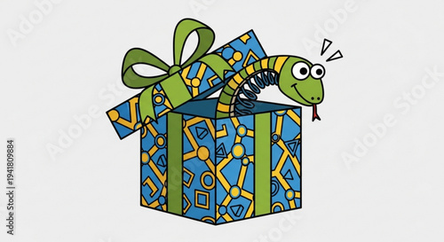 Surprised cartoon snake peeking out of colorful gift box on transparent background