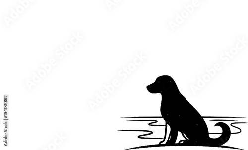 Silhouette of a black dog sitting by water