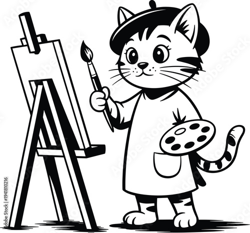Black and white cartoon cat wearing beret and apron painting on easel