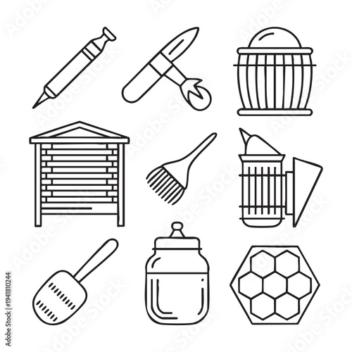 Beekeeping tools and equipment illustrated in black and white line honeycomb honey jar