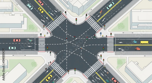 Aerial View of a Busy Urban Intersection with Pedestrian Crossings.