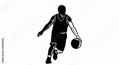 Silhouette of a basketball player dribbling the ball on a white background