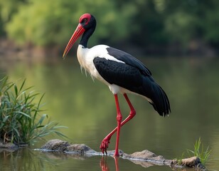 Saddle billed stork stands near water on rock. Big bird has long red bill, black neck, white body, red legs. Safari wildlife photo shows large stork in natural habitat.