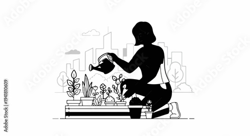 Silhouette of a person watering potted plants against a city skyline backdrop