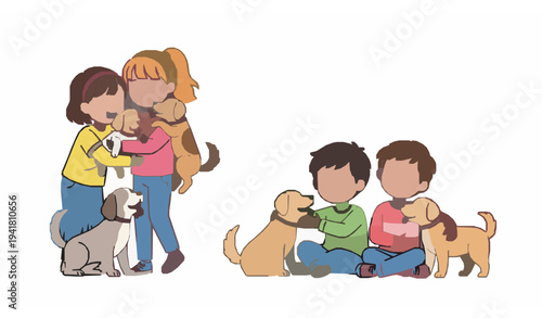 Children hugging puppies cute kids with pet dogs friendship vector illustration isolated on white