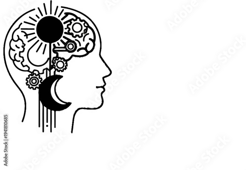 Silhouette head with gears, sun, and moon representing thoughts