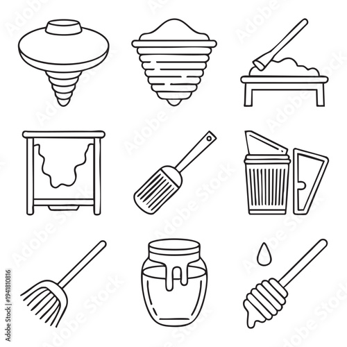 Black and white line of honeycomb, honey jar, honey dipper, and beekeeping tools