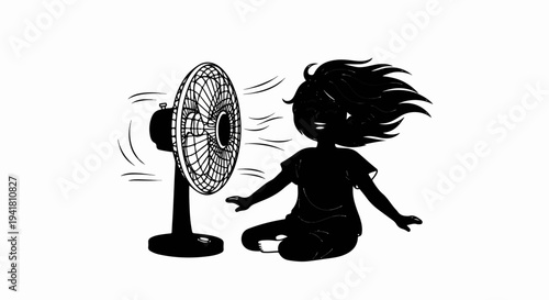 Silhouette of a person's hair blowing in the wind from a fan
