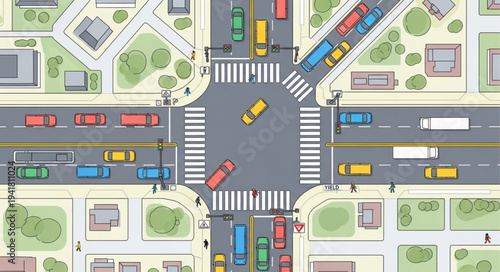 Aerial View of a Busy City Intersection with Cars.