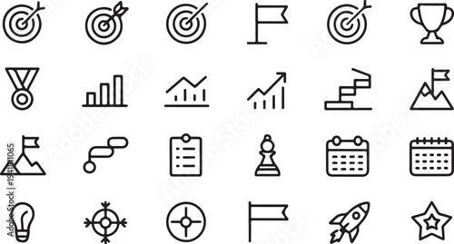 Black and white of targets, trophies, charts, calendars, and other achievement-related symbols