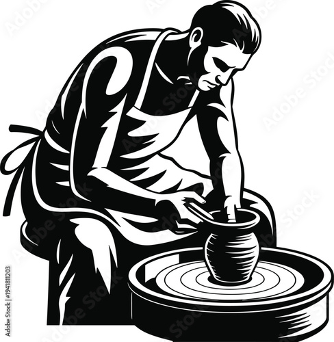 Man in apron shaping clay pot on spinning wheel pottery wheel black and white