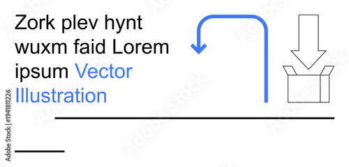 Downloading, packaging, logistics, digital storage, delivery service, user interface design. Blue arrow curving into an open box. Downloading and packaging concept