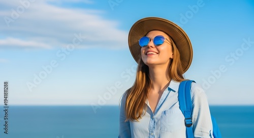 Smiling woman with hat enjoying sunny day by the sea