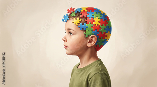 Autism Template Design - Child with Colorful Puzzle Pieces Symbolizing Autism Spectrum Awareness