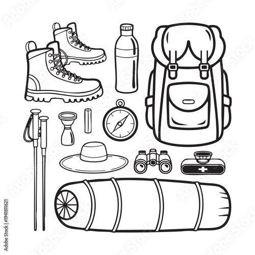 Black and white of hiking gear including boots backpack and camping equipment