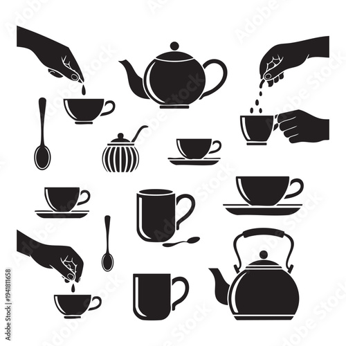 Black and white of tea preparation with cups teapots and hands adding sugar