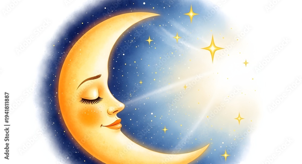 Fototapeta premium Smiling crescent moon with stars in a night sky illustration