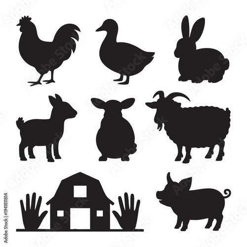 Black silhouettes of farm animals and barn with hands chicken