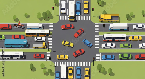 Aerial View of Busy City Intersection with Vehicles.