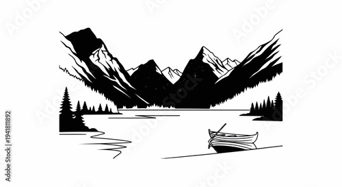Serene mountain lake with a rowboat and pine trees