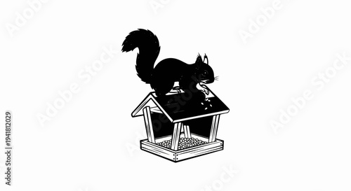 Silhouette of a squirrel perched on a bird feeder filled with seeds