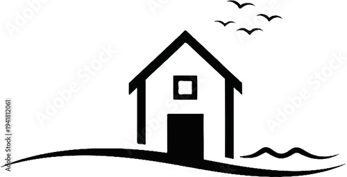 Simple black drawing of a house by the sea with birds flying